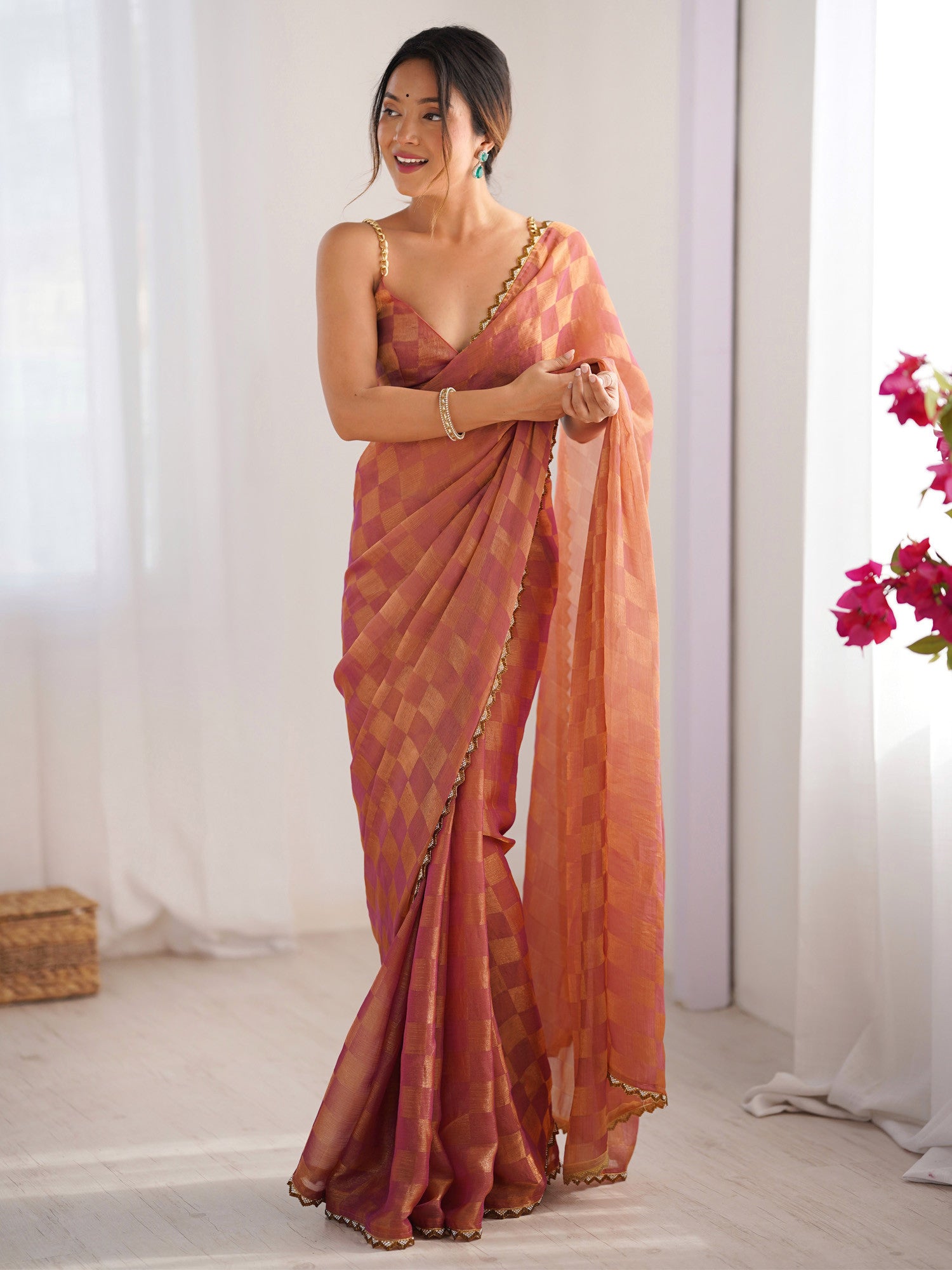 Women's Chiffon Orange Embellished Designer Saree with Blouse Piece