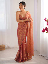 Women's Chiffon Orange Embellished Designer Saree with Blouse Piece