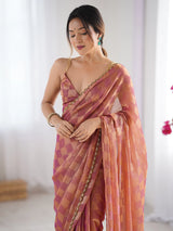 Women's Chiffon Orange Embellished Designer Saree with Blouse Piece