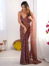 Women's Chiffon Purple Embellished Designer Saree With Blouse Piece