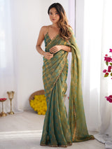 Women's Chiffon Sea Green Embellished Designer Saree With Blouse Piece