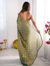Women's Chiffon Sea Green Embellished Designer Saree With Blouse Piece
