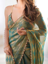 Women's Chiffon Sea Green Embellished Designer Saree With Blouse Piece