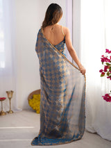 Women's Chiffon Blue Embellished Designer Saree with Blouse Piece
