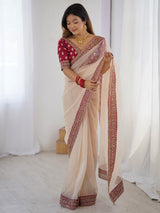 Women's Chiffon White Embellished Designer Saree With Blouse Piece