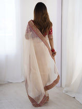Women's Chiffon White Embellished Designer Saree With Blouse Piece