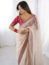 Women's Chiffon White Embellished Designer Saree With Blouse Piece