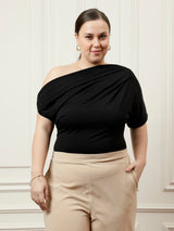 Women's Black Party Regular Fit Solid Half Sleeves Top