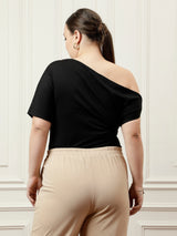 Women's Black Party Regular Fit Solid Half Sleeves Top