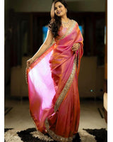 Women's Tissue Pink Embellished Designer Saree with Blouse Piece