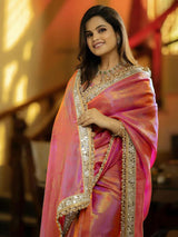 Women's Tissue Pink Embellished Designer Saree with Blouse Piece