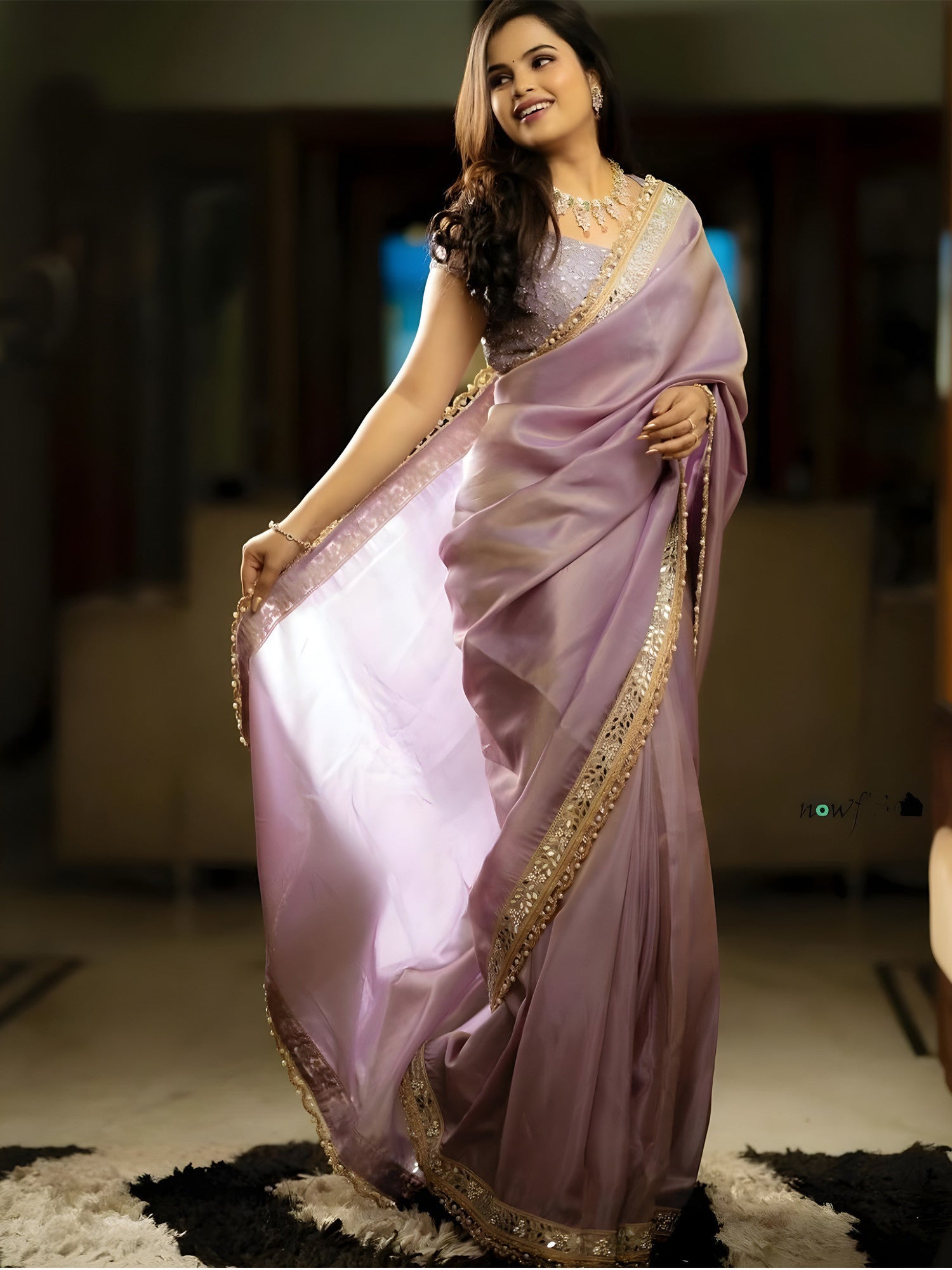 Women's Tissue Pink Embellished Designer Saree with Blouse Piece