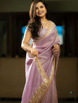 Women's Tissue Pink Embellished Designer Saree with Blouse Piece
