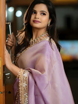 Women's Tissue Pink Embellished Designer Saree with Blouse Piece