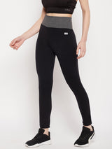 Women's Black High Rise Active Tights with Printed Waistband