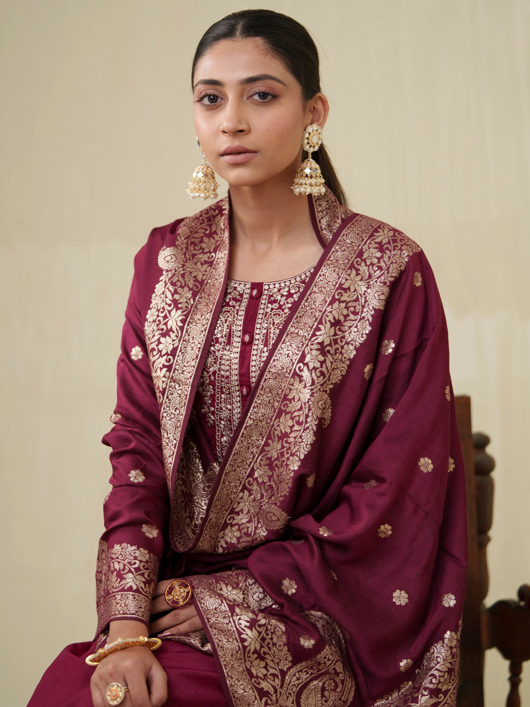 Women's Red Fusion Regular Fit Embroidered Three Quarter Sleeves Kurtas Sets