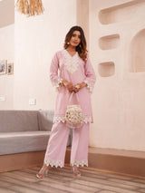 Women's Pink Work Regular Fit Embroidered Full Sleeves Co-Ord Sets