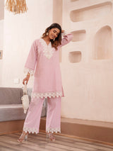 Women's Pink Work Regular Fit Embroidered Full Sleeves Co-Ord Sets