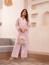 Women's Pink Work Regular Fit Embroidered Full Sleeves Co-Ord Sets