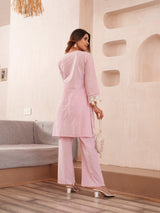 Women's Pink Work Regular Fit Embroidered Full Sleeves Co-Ord Sets