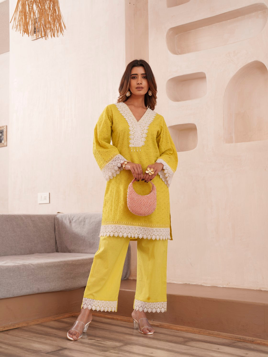 Women's Yellow Work Regular Fit Solid Full Sleeves Co-Ord Sets