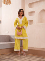 Women's Yellow Work Regular Fit Solid Full Sleeves Co-Ord Sets