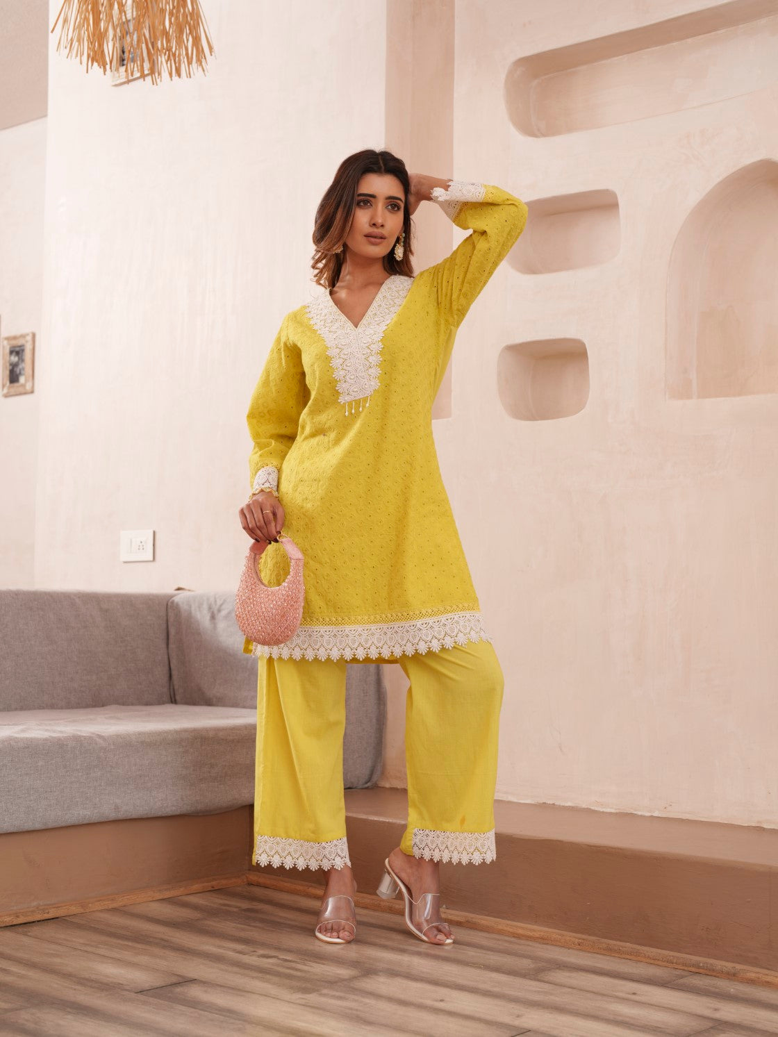 Women's Yellow Work Regular Fit Solid Full Sleeves Co-Ord Sets