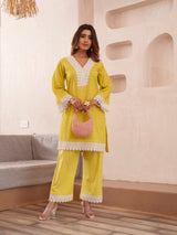Women's Yellow Work Regular Fit Solid Full Sleeves Co-Ord Sets
