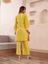 Women's Yellow Work Regular Fit Solid Full Sleeves Co-Ord Sets