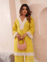 Women's Yellow Work Regular Fit Solid Full Sleeves Co-Ord Sets