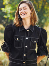 Women's Black Solid Puff Sleeve Denim Co-ord