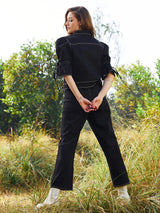 Women's Black Solid Puff Sleeve Denim Co-ord