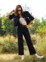 Women's Black Solid Puff Sleeve Denim Co-ord