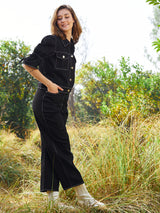Women's Black Solid Puff Sleeve Denim Co-ord