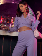 Women's Lavender Lapel Collar Tie Up Co-ords Set