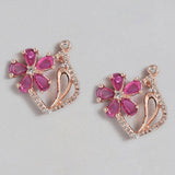 Women's Rose Gold Plated CZ Flower Designer Ruby Stud Earrings