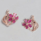 Women's Rose Gold Plated CZ Flower Designer Ruby Stud Earrings