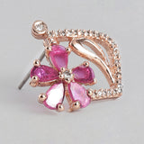 Women's Rose Gold Plated CZ Flower Designer Ruby Stud Earrings