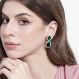 Women's Rhodium Plated CZ Radiant Designer Drop Earrings with Emerald Crystal