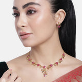 Women's Gold Plated Traditional Flower Designer Necklace Set with Ruby Stones