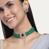Women's Rose Gold Plated CZ Square Shaped Choker Necklace Set with Green Beads