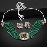 Women's Rose Gold Plated CZ Square Shaped Choker Necklace Set with Green Beads