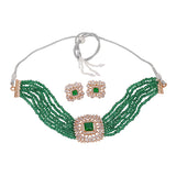 Women's Rose Gold Plated CZ Square Shaped Choker Necklace Set with Green Beads