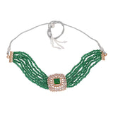 Women's Rose Gold Plated CZ Square Shaped Choker Necklace Set with Green Beads