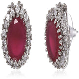 Women's Rhodium Plated American Diamond CZ Ruby Halo Stud Earrings