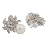 Women's Rhodium Plated CZ Floral Designer Stud Earrings with Glowing Pearls
