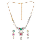 Women's Gold Plated CZ Peacock Designer Necklace Set with Enamel