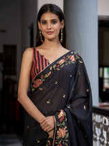Women's Black Cotton Viscose Saree