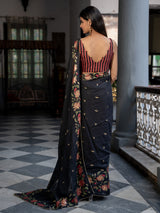 Women's Black Cotton Viscose Saree