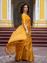 Women's Yellow Cotton Zari Saree